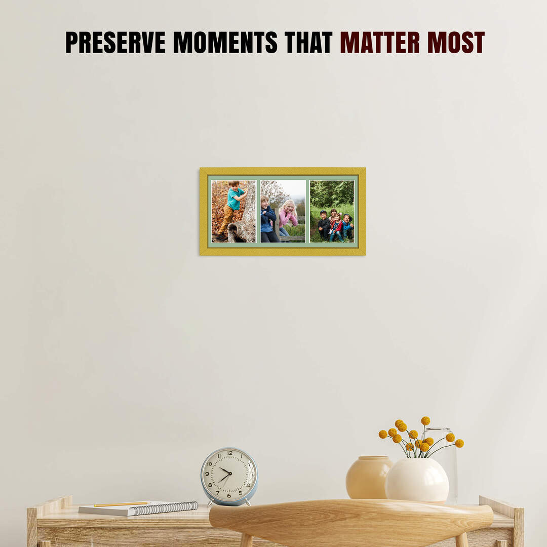16x8" Gold Sleek Multi Aperture Photo Frame Holds 7x5" (x3) Photos With Sage Green Mount | Modern Collage Frame thumbnail 2