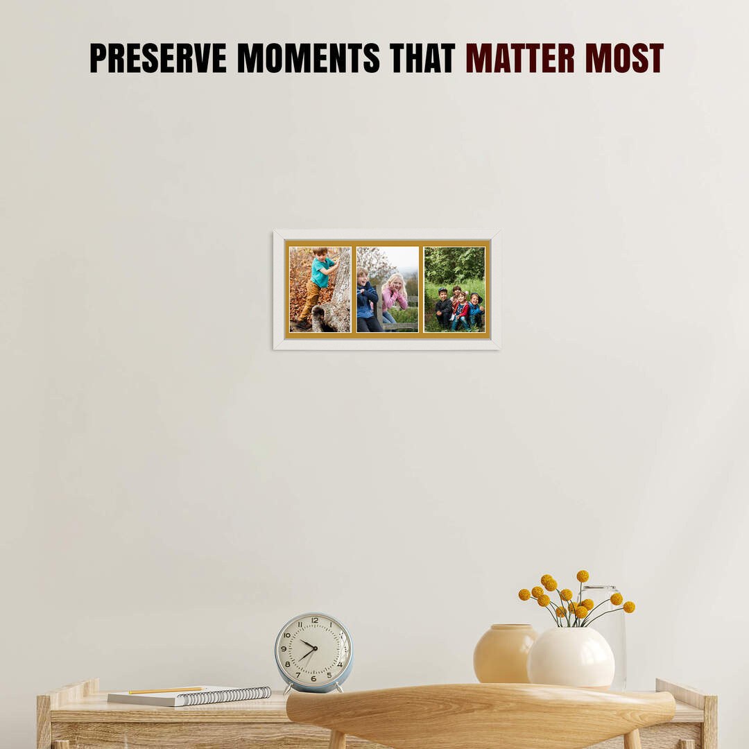 16x8" White Sleek Multi Aperture Photo Frame Holds 7x5" (x3) Photos With Antique Gold Mount | Modern Collage Frame thumbnail 2