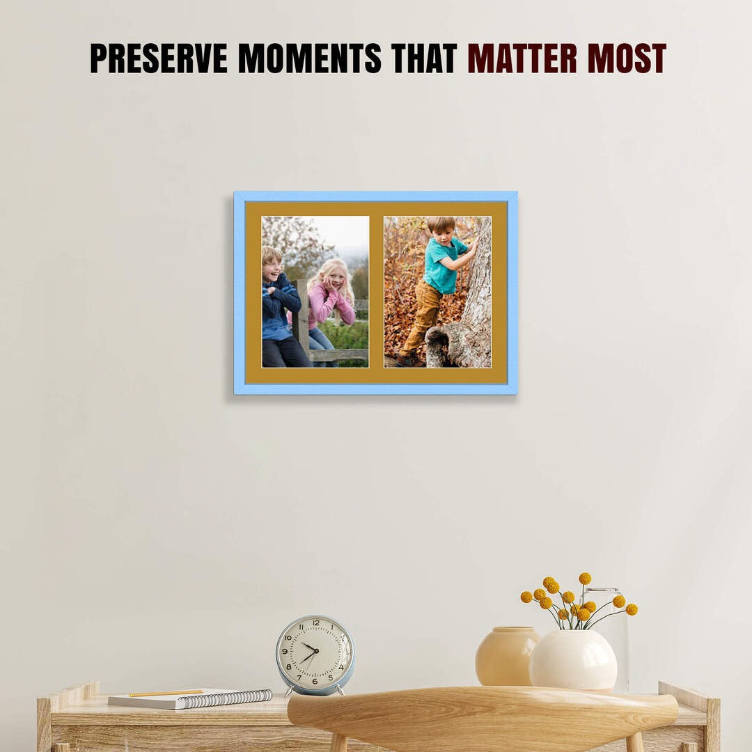 20x14" Baby Blue Sleek Multi Aperture Photo Frame Holds A4 (x2) Photos With Antique Gold Mount | Modern Collage Frame thumbnail 2