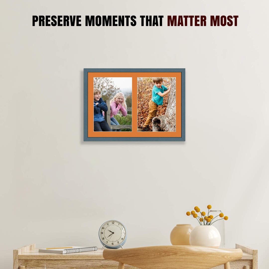 20x14" Navy Blue Sleek Multi Aperture Photo Frame Holds A4 (x2) Photos With Burnt Orange Mount | Modern Collage Frame thumbnail 2