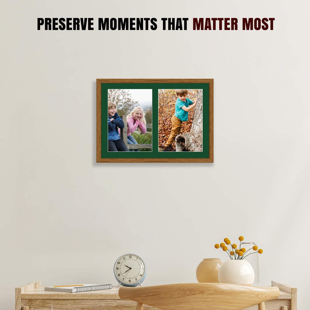 20x14" Oak Sleek Multi Aperture Photo Frame Holds A4 (x2) Photos With Forest Green Mount | Modern Collage Frame thumbnail 2