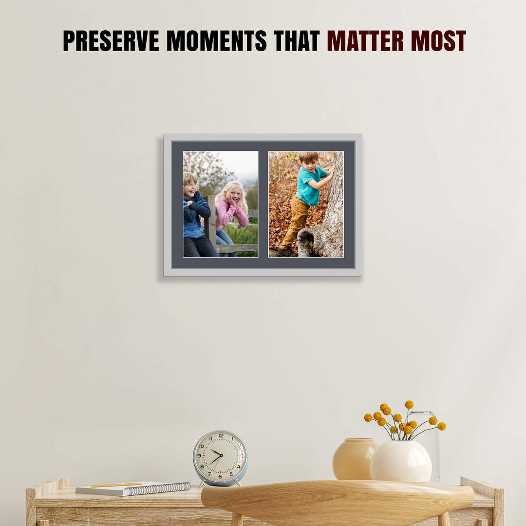 20x14" Silver Sleek Multi Aperture Photo Frame Holds A4 (x2) Photos With Charcoal Grey Mount | Modern Collage Frame thumbnail 2