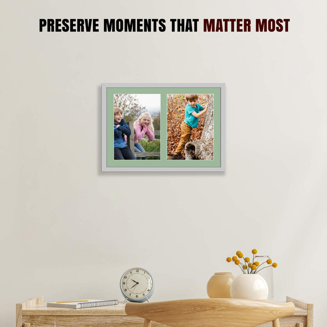 20x14" Silver Sleek Multi Aperture Photo Frame Holds A4 (x2) Photos With Sage Green Mount | Modern Collage Frame thumbnail 2