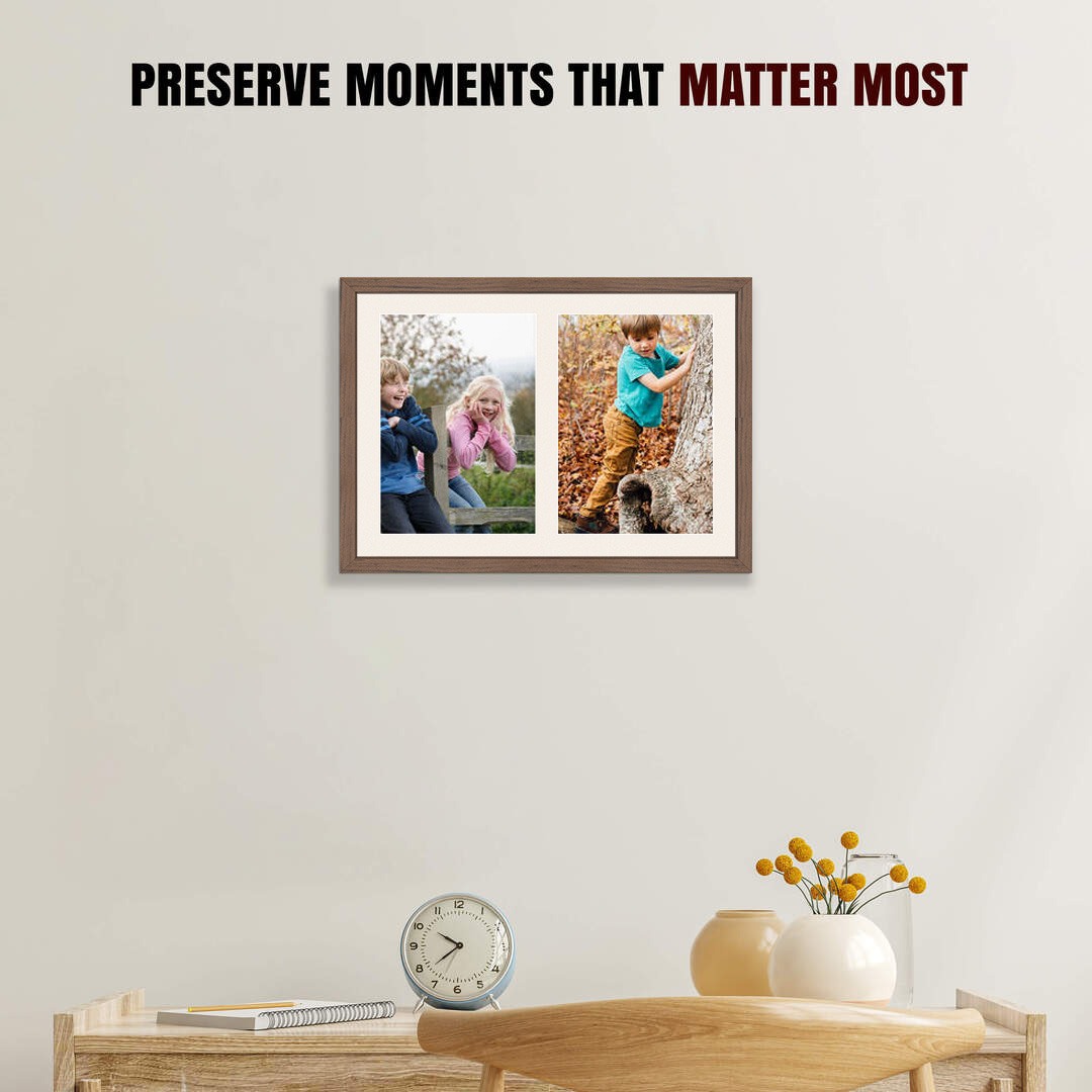 20x14" Walnut Sleek Multi Aperture Photo Frame Holds A4 (x2) Photos With Antique White Mount | Modern Collage Frame thumbnail 2