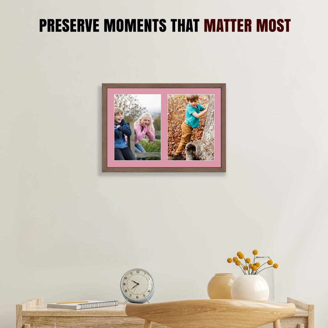 20x14" Walnut Sleek Multi Aperture Photo Frame Holds A4 (x2) Photos With Dusty Rose Mount | Modern Collage Frame thumbnail 2