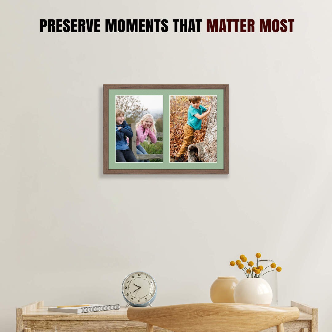 20x14" Walnut Sleek Multi Aperture Photo Frame Holds A4 (x2) Photos With Sage Green Mount | Modern Collage Frame thumbnail 2