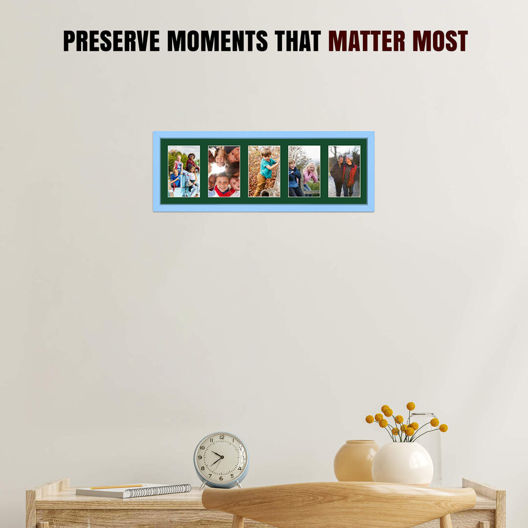 26x8" Baby Blue Sleek Multi Aperture Photo Frame Holds 6x4" (x5) Photos With Forest Green Mount | Modern Collage Frame thumbnail 2