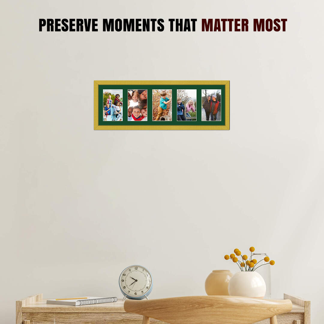 26x8" Gold Sleek Multi Aperture Photo Frame Holds 6x4" (x5) Photos With Forest Green Mount | Modern Collage Frame thumbnail 2
