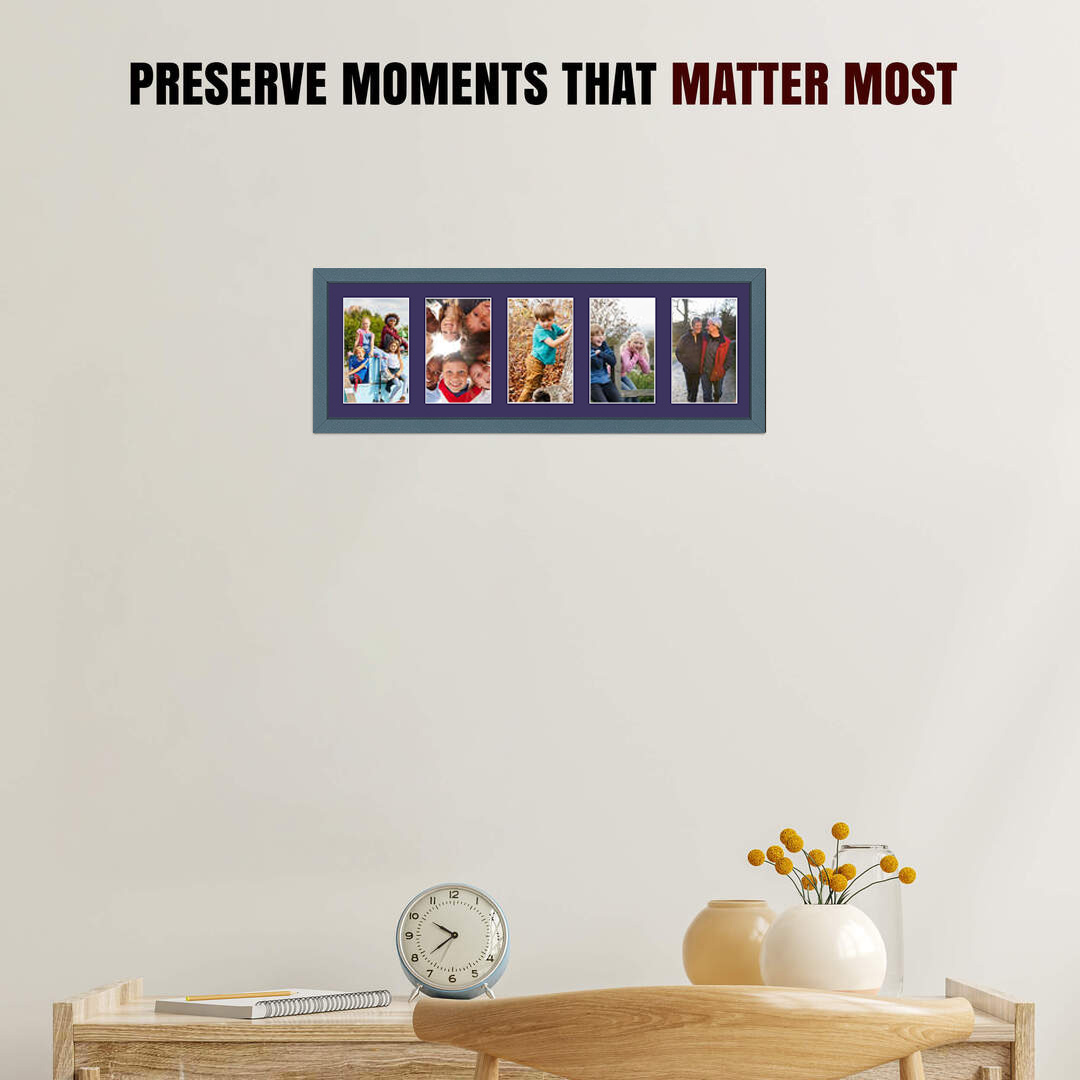 26x8" Navy Blue Sleek Multi Aperture Photo Frame Holds 6x4" (x5) Photos With Damson Mount | Modern Collage Frame thumbnail 2