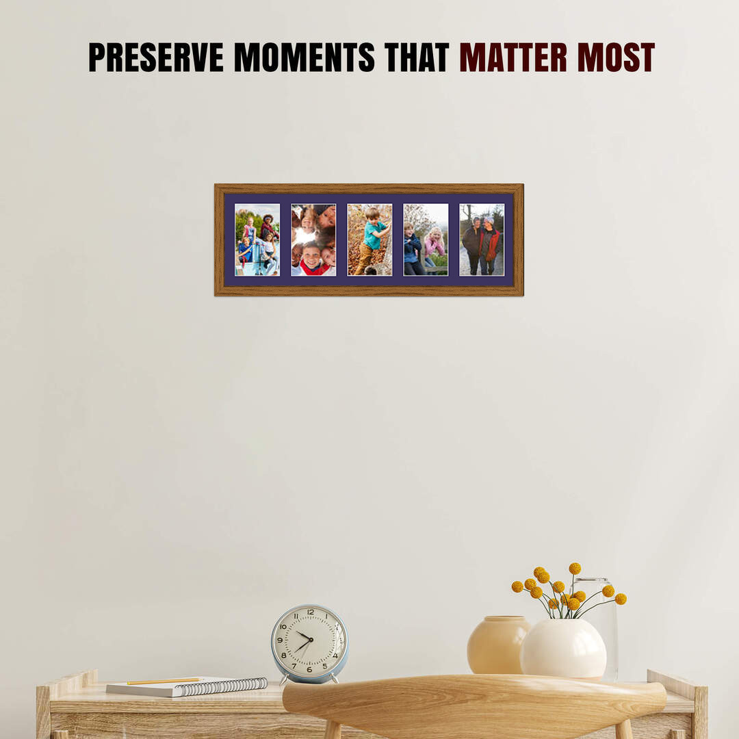 26x8" Oak Sleek Multi Aperture Photo Frame Holds 6x4" (x5) Photos With Damson Mount | Modern Collage Frame thumbnail 2