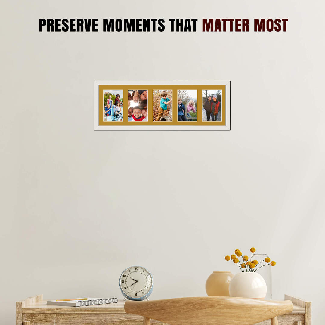 26x8" White Sleek Multi Aperture Photo Frame Holds 6x4" (x5) Photos With Antique Gold Mount | Modern Collage Frame thumbnail 2