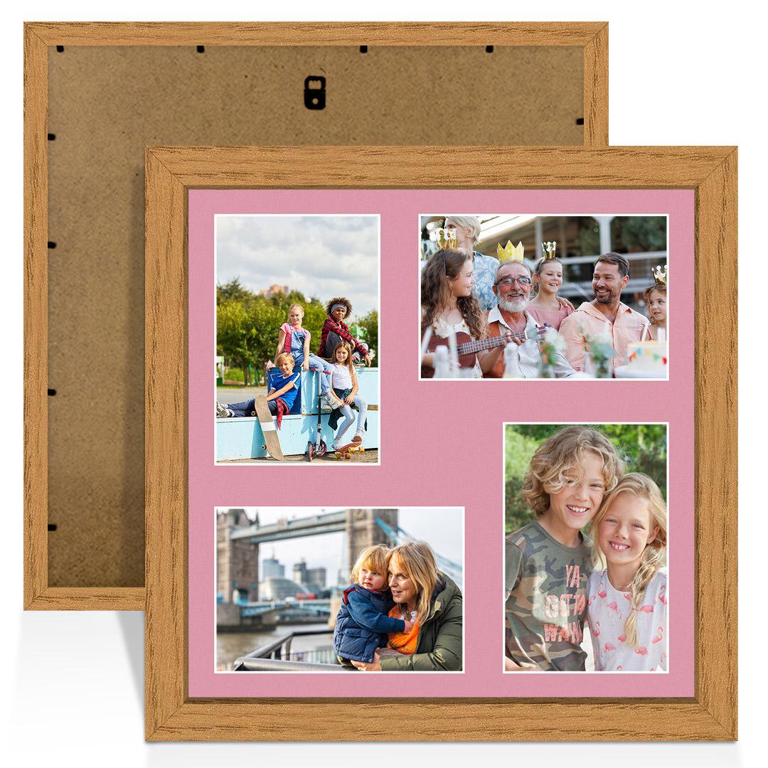 12x12" Oak Sleek Multi Aperture Photo Frame Holds 6x4" (x4) Photos With Dusty Rose Mount | Modern Collage Frame