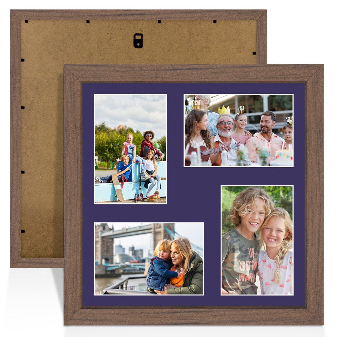 12x12" Walnut Sleek Multi Aperture Photo Frame Holds 6x4" (x4) Photos With Damson Mount | Modern Collage Frame