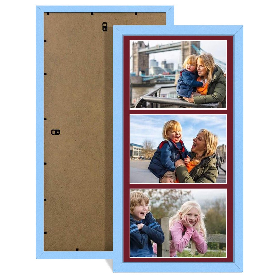 16x8" Baby Blue Sleek Multi Aperture Photo Frame Holds 7x5" (x3) Photos With Burgundy Mount | Modern Collage Frame