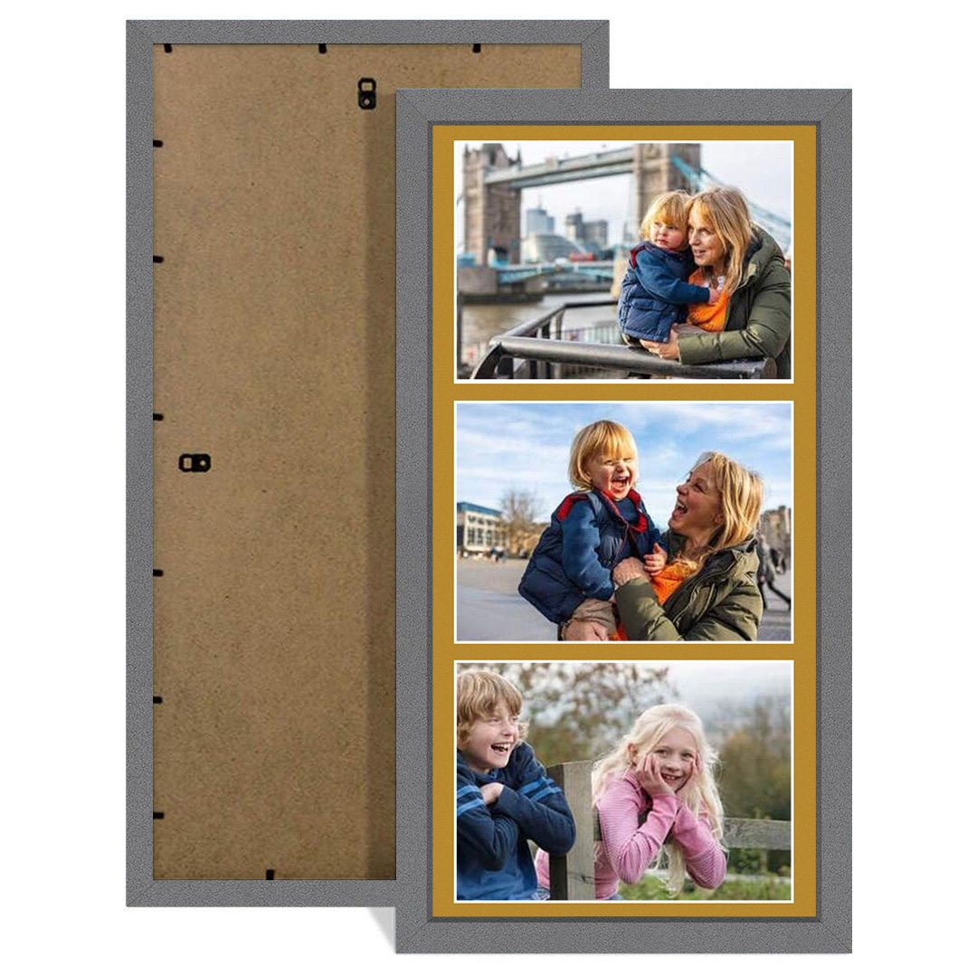 16x8" Dark Grey Sleek Multi Aperture Photo Frame Holds 7x5" (x3) Photos With Antique Gold Mount | Modern Collage Frame
