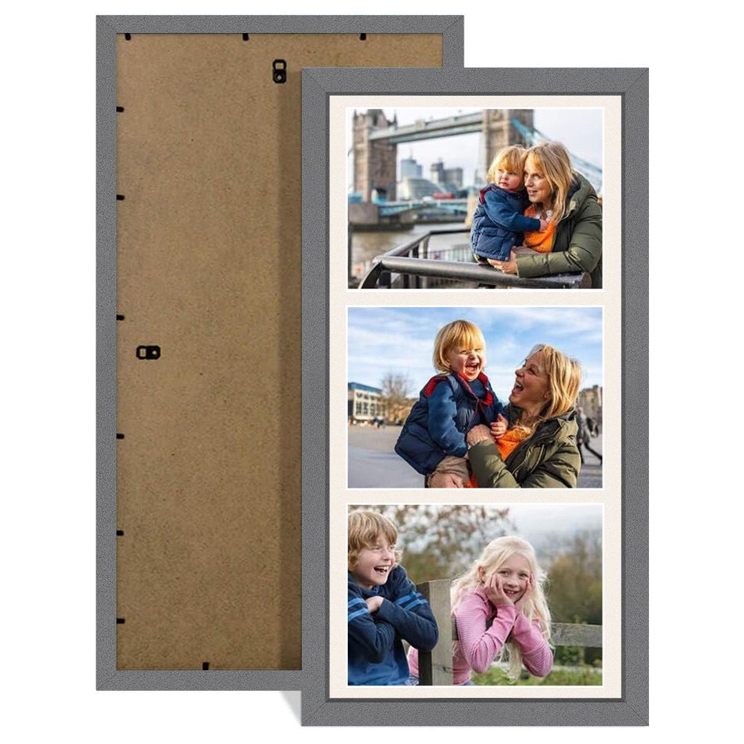 16x8" Dark Grey Sleek Multi Aperture Photo Frame Holds 7x5" (x3) Photos With Antique White Mount | Modern Collage Frame