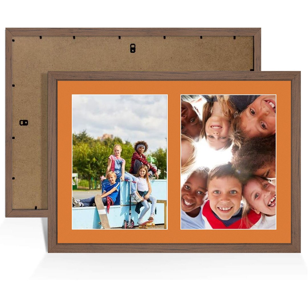 20x14" Walnut Sleek Multi Aperture Photo Frame Holds A4 (x2) Photos With Burnt Orange Mount | Modern Collage Frame