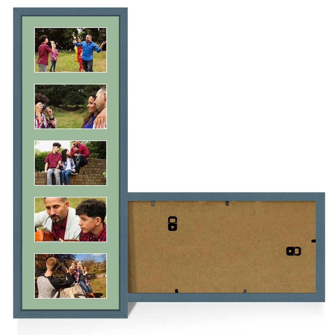 26x8" Navy Blue Sleek Multi Aperture Photo Frame Holds 6x4" (x5) Photos With Sage Green Mount | Modern Collage Frame