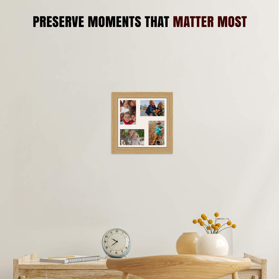 12x12" Light Oak Modern Multi Aperture Photo Frame Holds 6x4" (x4) Photos With Antique White Mount | Modern Collage Frame thumbnail 2