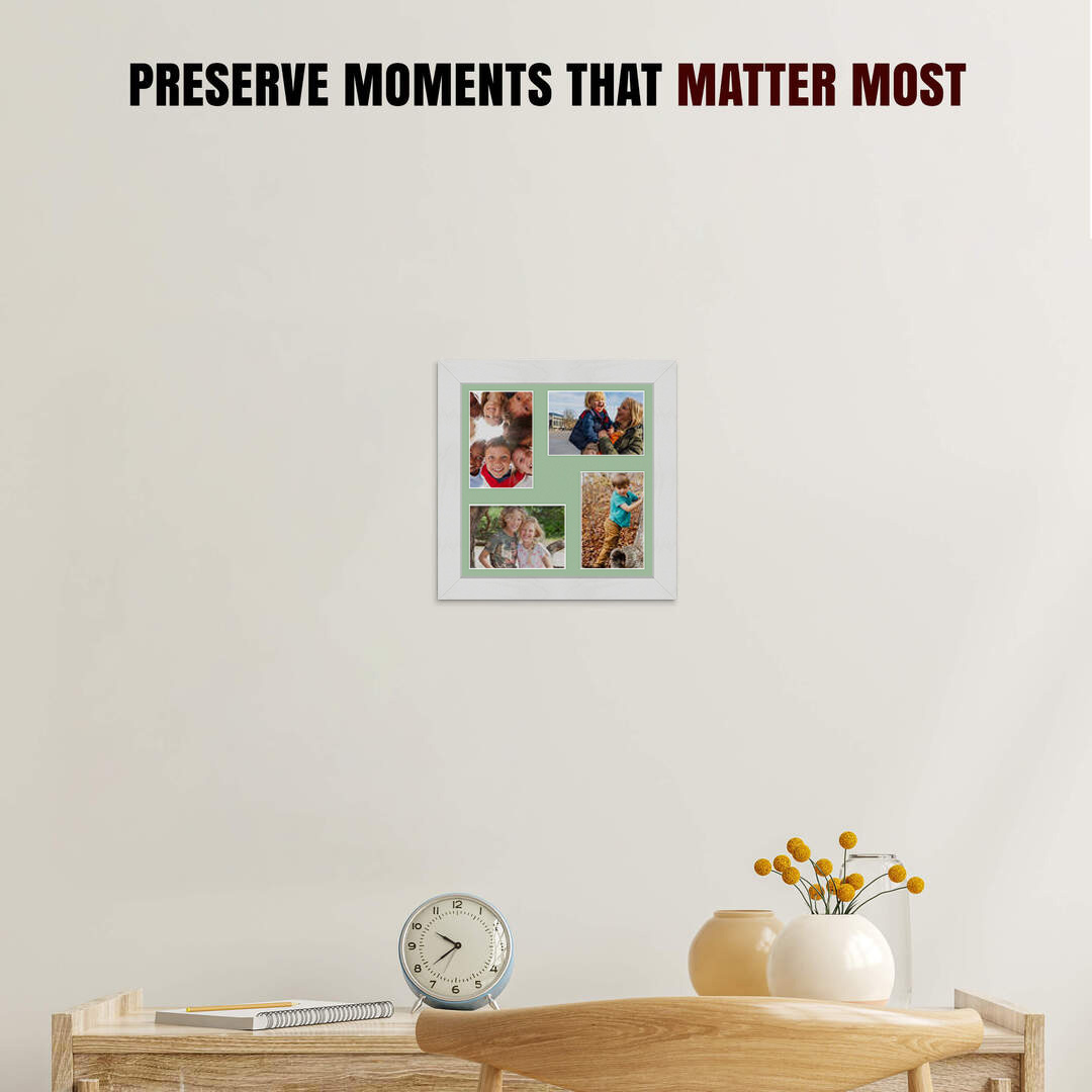 12x12" Ash White Modern Multi Aperture Photo Frame Holds 6x4" (x4) Photos With Sage Green Mount | Modern Collage Frame thumbnail 2