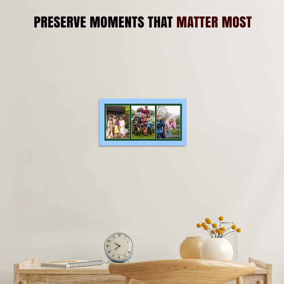 16x8" Baby Blue Modern Multi Aperture Photo Frame Holds 7x5" (x3) Photos With Forest Green Mount | Modern Collage Frame thumbnail 2