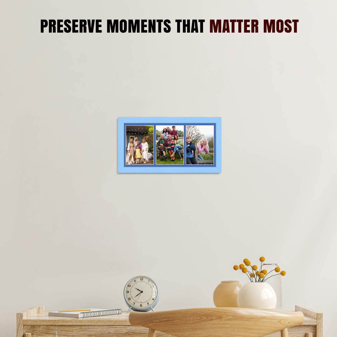 16x8" Baby Blue Modern Multi Aperture Photo Frame Holds 7x5" (x3) Photos With Pacific Blue Mount | Modern Collage Frame thumbnail 2