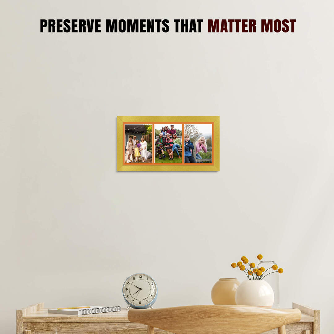 16x8" Gold Modern Multi Aperture Photo Frame Holds 7x5" (x3) Photos With Burnt Orange Mount | Modern Collage Frame thumbnail 2