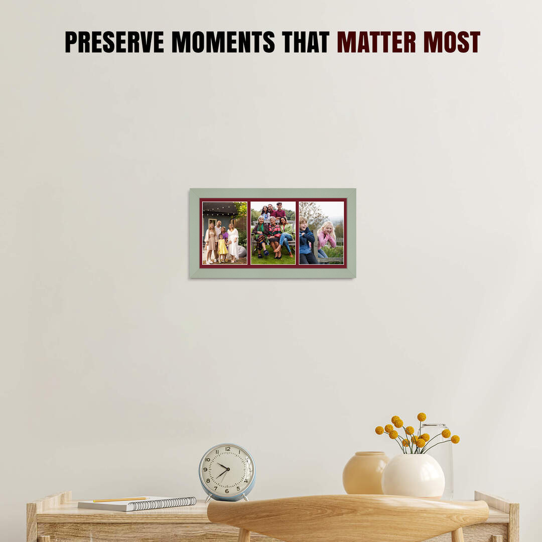 16x8" Green Modern Multi Aperture Photo Frame Holds 7x5" (x3) Photos With Burgundy Mount | Modern Collage Frame thumbnail 2
