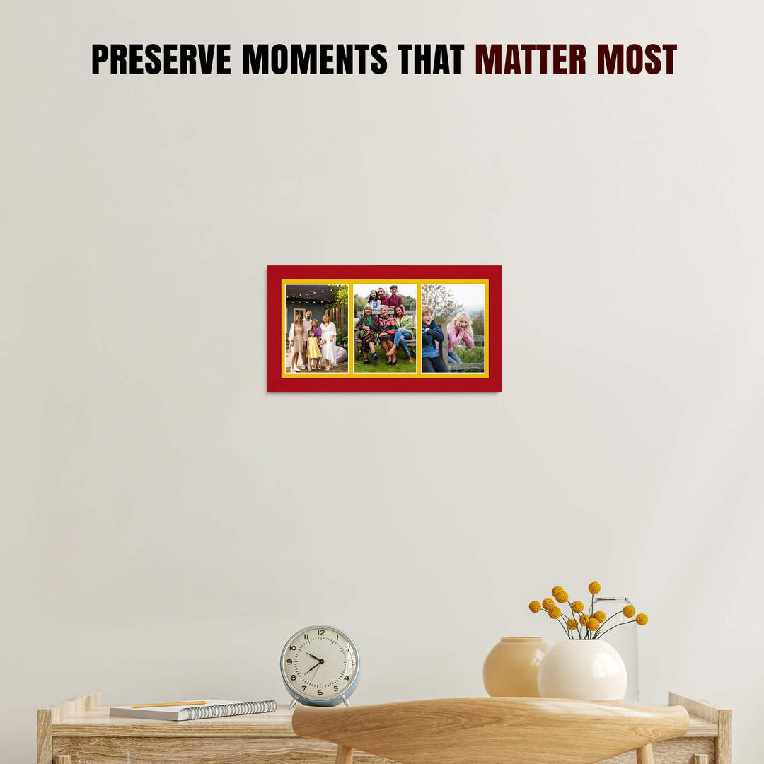16x8" Red Modern Multi Aperture Photo Frame Holds 7x5" (x3) Photos With Bright Yellow Mount | Modern Collage Frame thumbnail 2