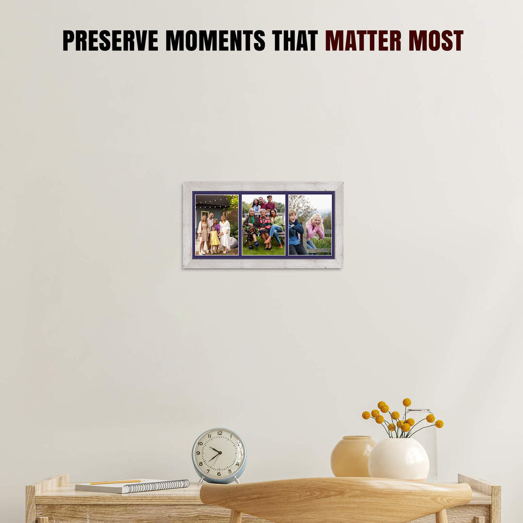 16x8" White Rustic Modern Multi Aperture Photo Frame Holds 7x5" (x3) Photos With Damson Mount | Modern Collage Frame thumbnail 2