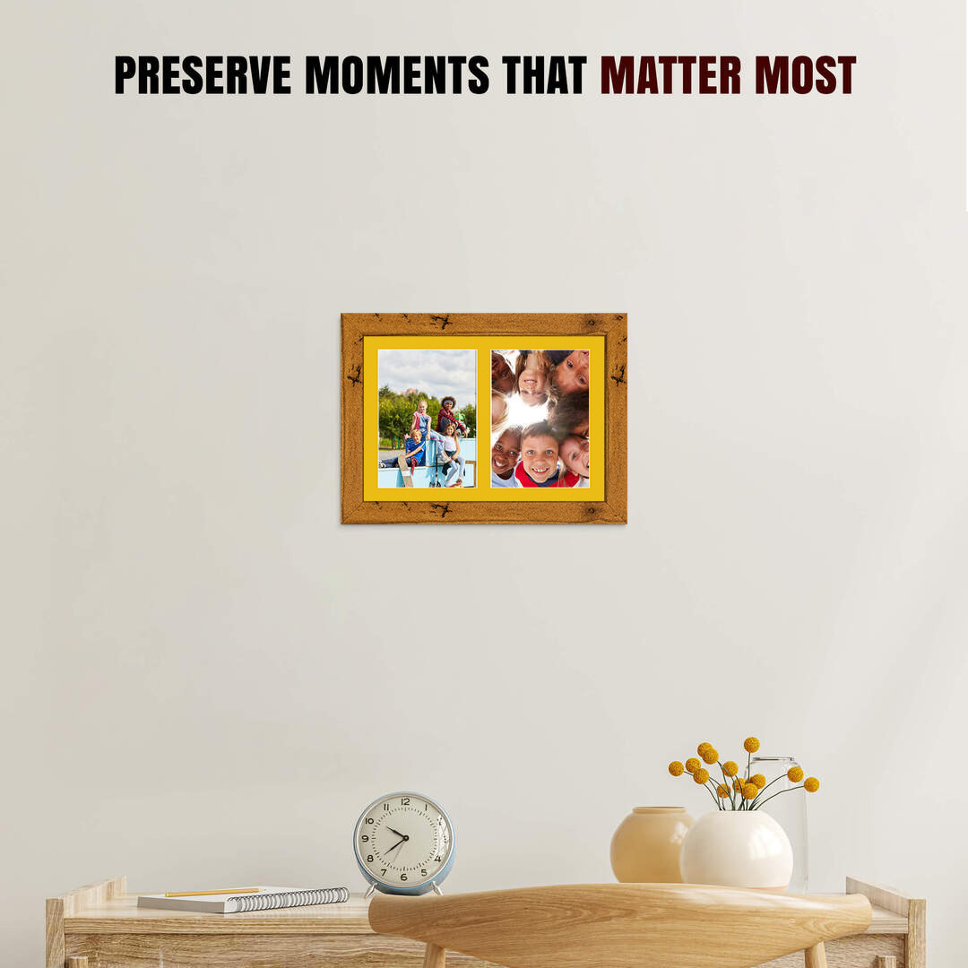 20x14" Rustic Oak Modern Multi Aperture Photo Frame Holds A4 (x2) Photos With Bright Yellow Mount | Modern Collage Frame thumbnail 2