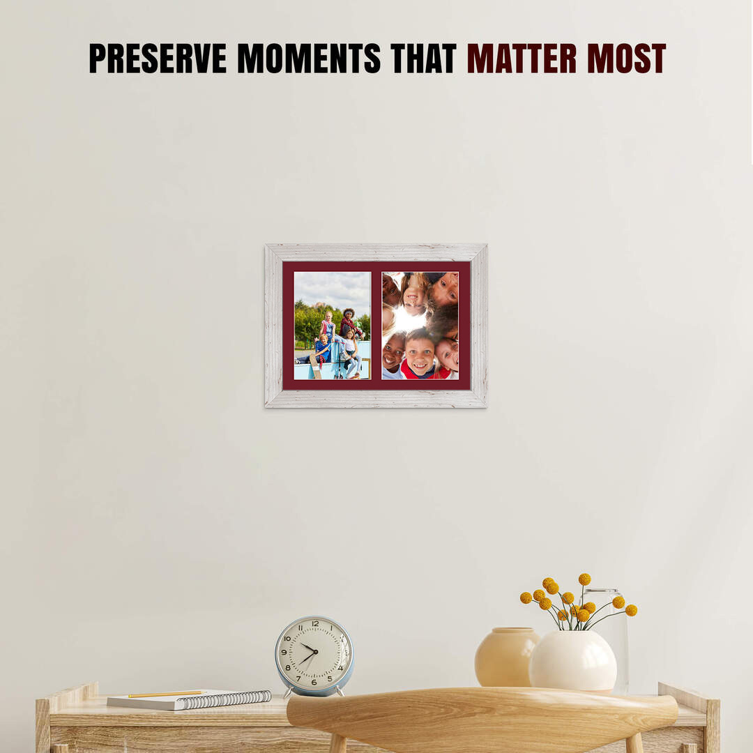 20x14" White Rustic Modern Multi Aperture Photo Frame Holds A4 (x2) Photos With Burgundy Mount | Modern Collage Frame thumbnail 2