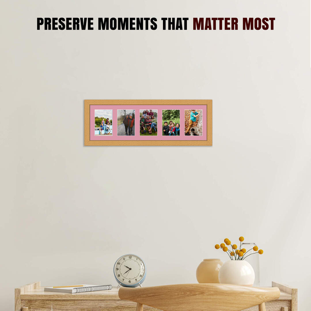 26x8" Country Pine Modern Multi Aperture Photo Frame Holds 6x4" (x5) Photos With Dusty Rose Mount | Modern Collage Frame thumbnail 2