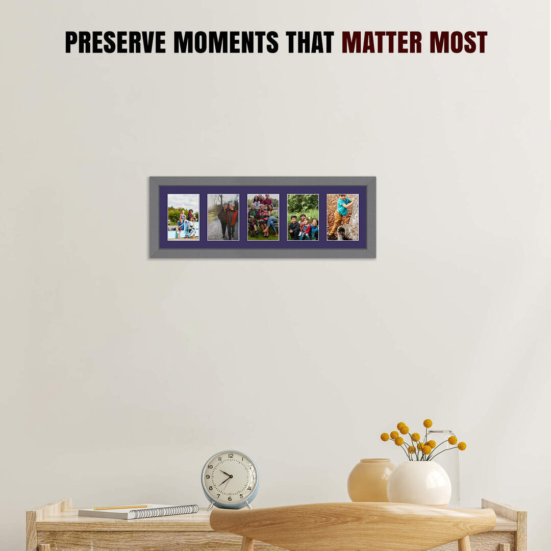 26x8" Dark Grey Modern Multi Aperture Photo Frame Holds 6x4" (x5) Photos With Damson Mount | Modern Collage Frame thumbnail 2