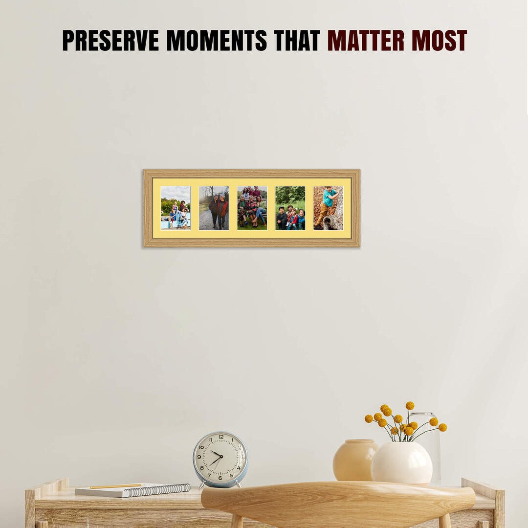 26x8" Light Oak Modern Multi Aperture Photo Frame Holds 6x4" (x5) Photos With Primrose Mount | Modern Collage Frame thumbnail 2