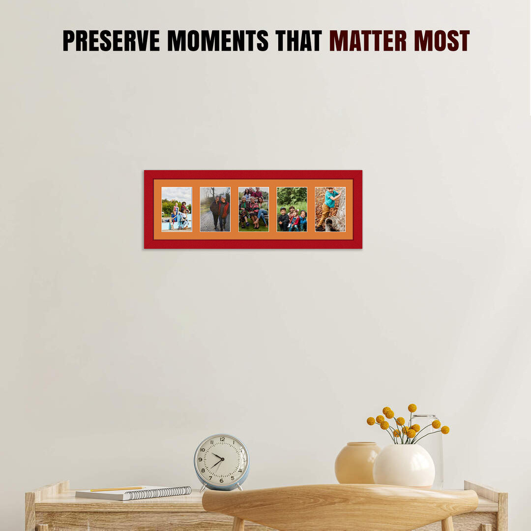26x8" Red Modern Multi Aperture Photo Frame Holds 6x4" (x5) Photos With Burnt Orange Mount | Modern Collage Frame thumbnail 2