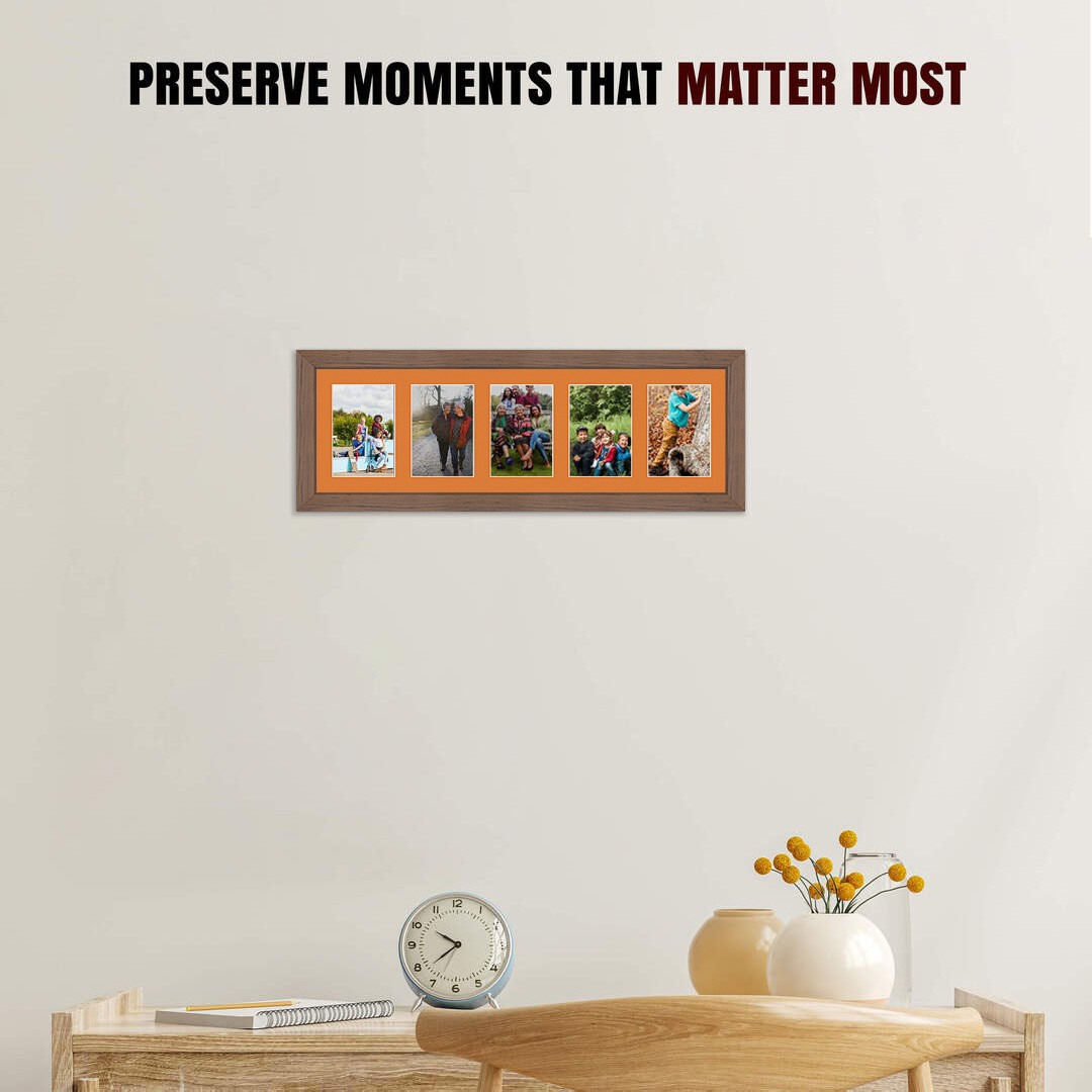 26x8" Walnut Modern Multi Aperture Photo Frame Holds 6x4" (x5) Photos With Burnt Orange Mount | Modern Collage Frame thumbnail 2
