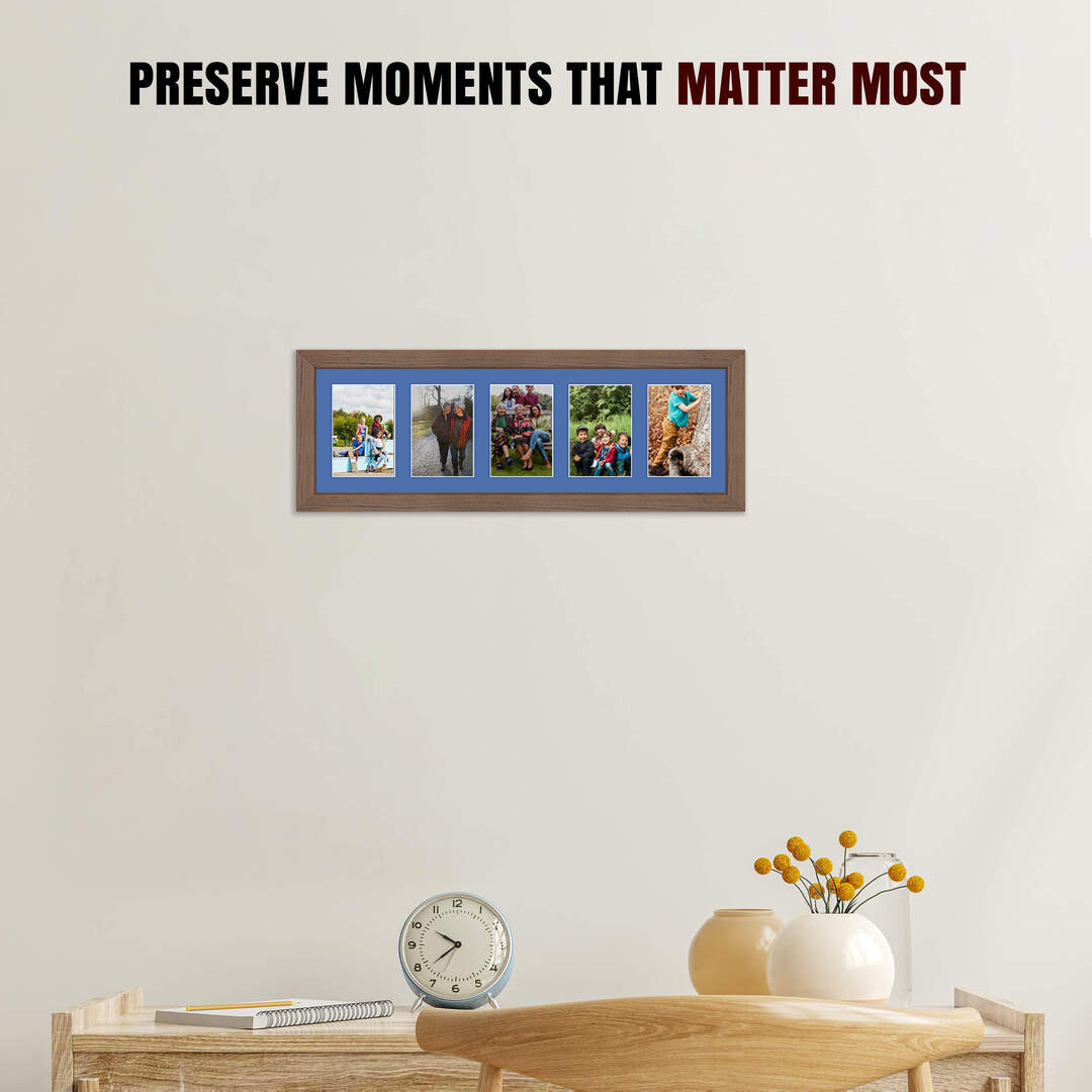 26x8" Modern Walnut Multi Aperture Photo Frame - Fits 6x4" (x5) Photos | Collage Frame thumbnail 2