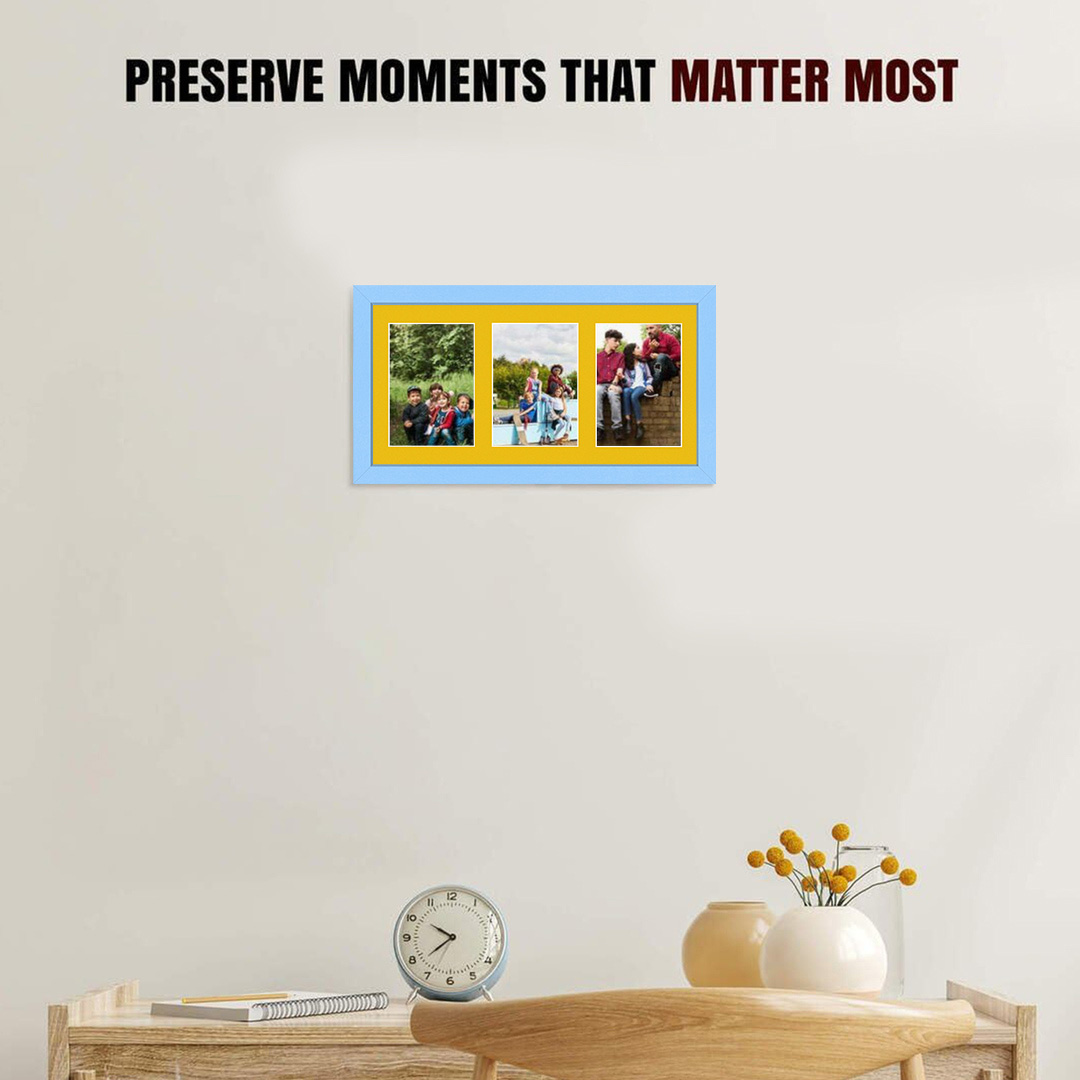 40x20cm Baby Blue Modern Multi Aperture Photo Frame Holds 6x4" (x3) Photos With Bright Yellow Mount | Modern Collage Frame thumbnail 2