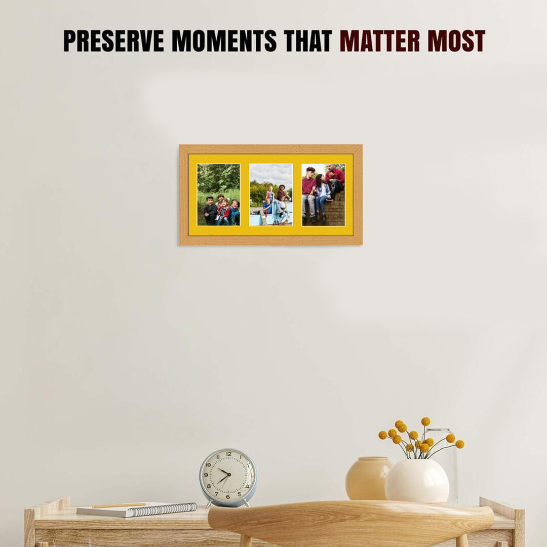 40x20cm Country Pine Modern Multi Aperture Photo Frame Holds 6x4" (x3) Photos With Bright Yellow Mount | Modern Collage Frame thumbnail 2