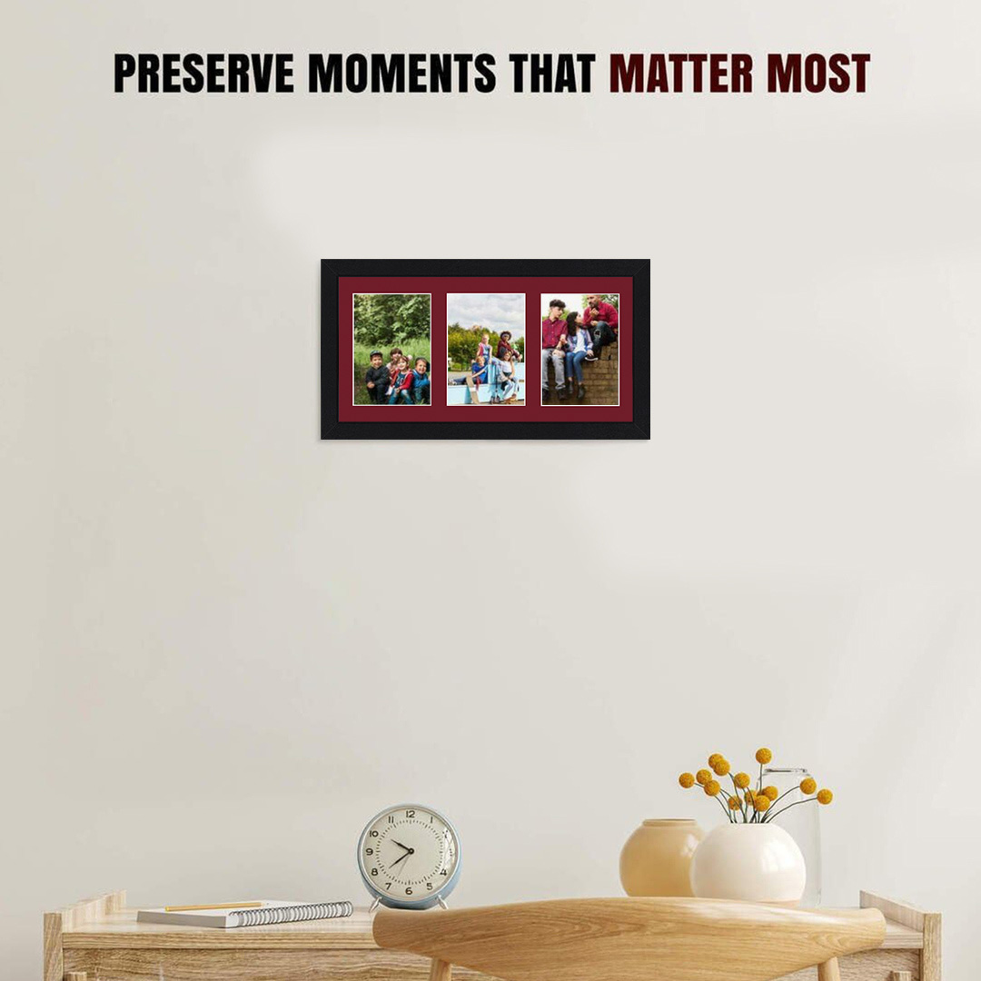 40x20cm Mat Black Modern Multi Aperture Photo Frame Holds 6x4" (x3) Photos With Burgundy Mount | Modern Collage Frame thumbnail 2