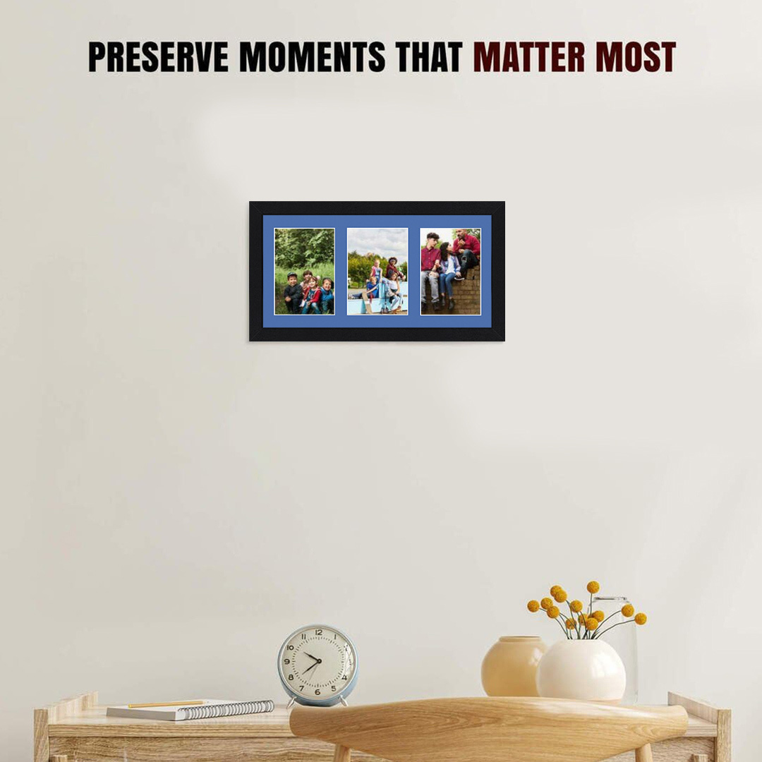 40x20cm Mat Black Modern Multi Aperture Photo Frame Holds 6x4" (x3) Photos With Pacific Blue Mount | Modern Collage Frame thumbnail 2