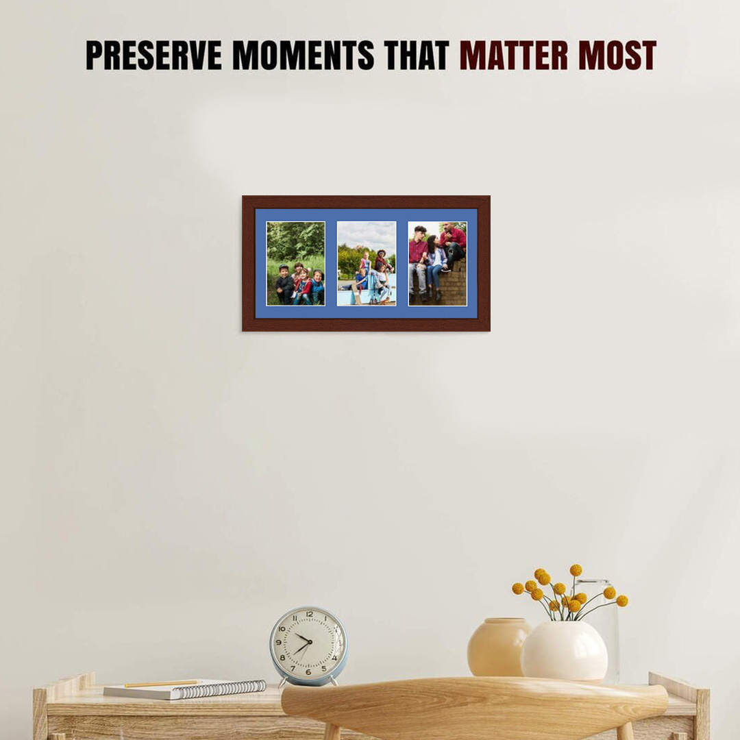 40x20cm Rose Wood Modern Multi Aperture Photo Frame Holds 6x4" (x3) Photos With Pacific Blue Mount | Modern Collage Frame thumbnail 2