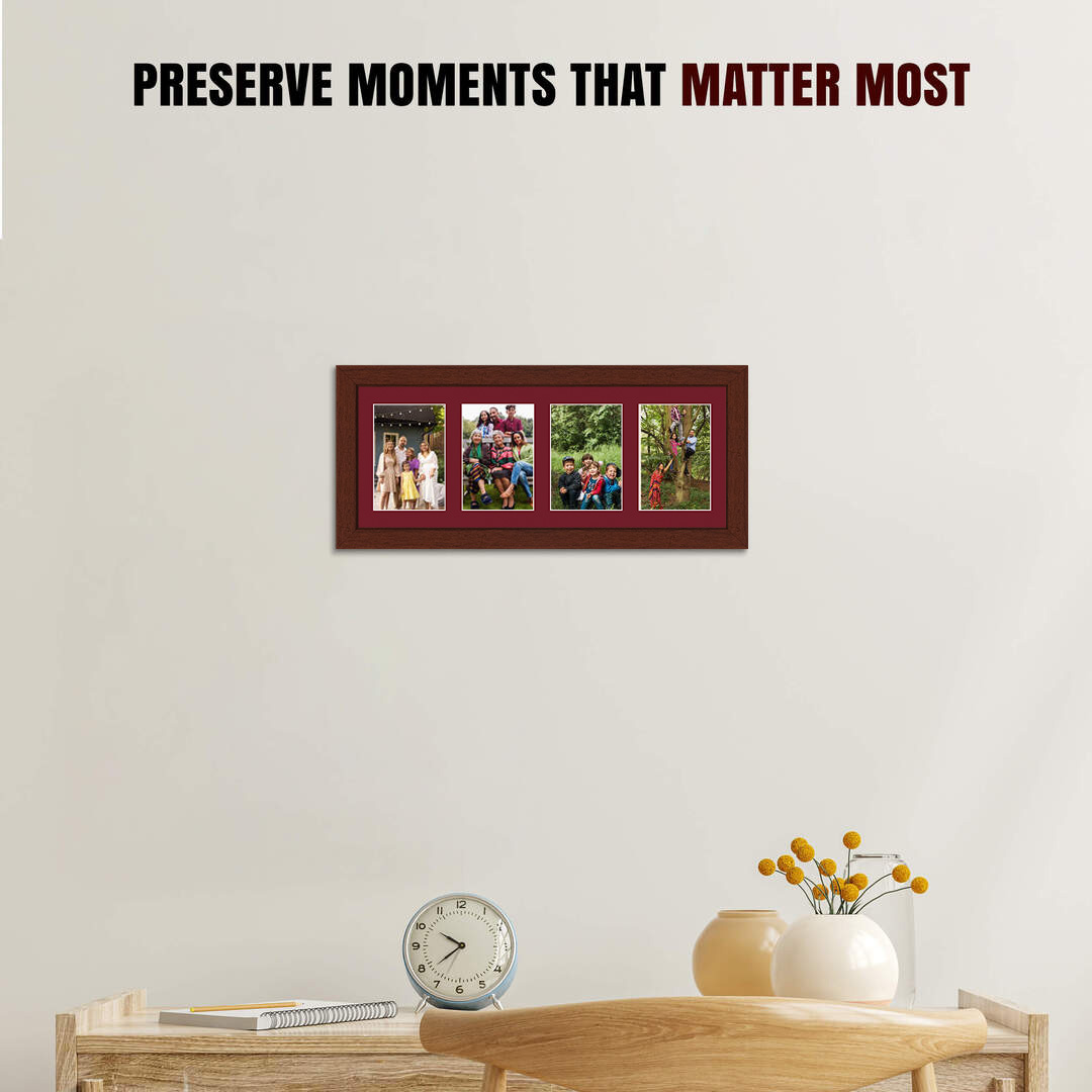 50x20cm Rose Wood Modern Multi Aperture Photo Frame Holds 6x4" (x4) Photos With Burgundy Mount | Modern Collage Frame thumbnail 2