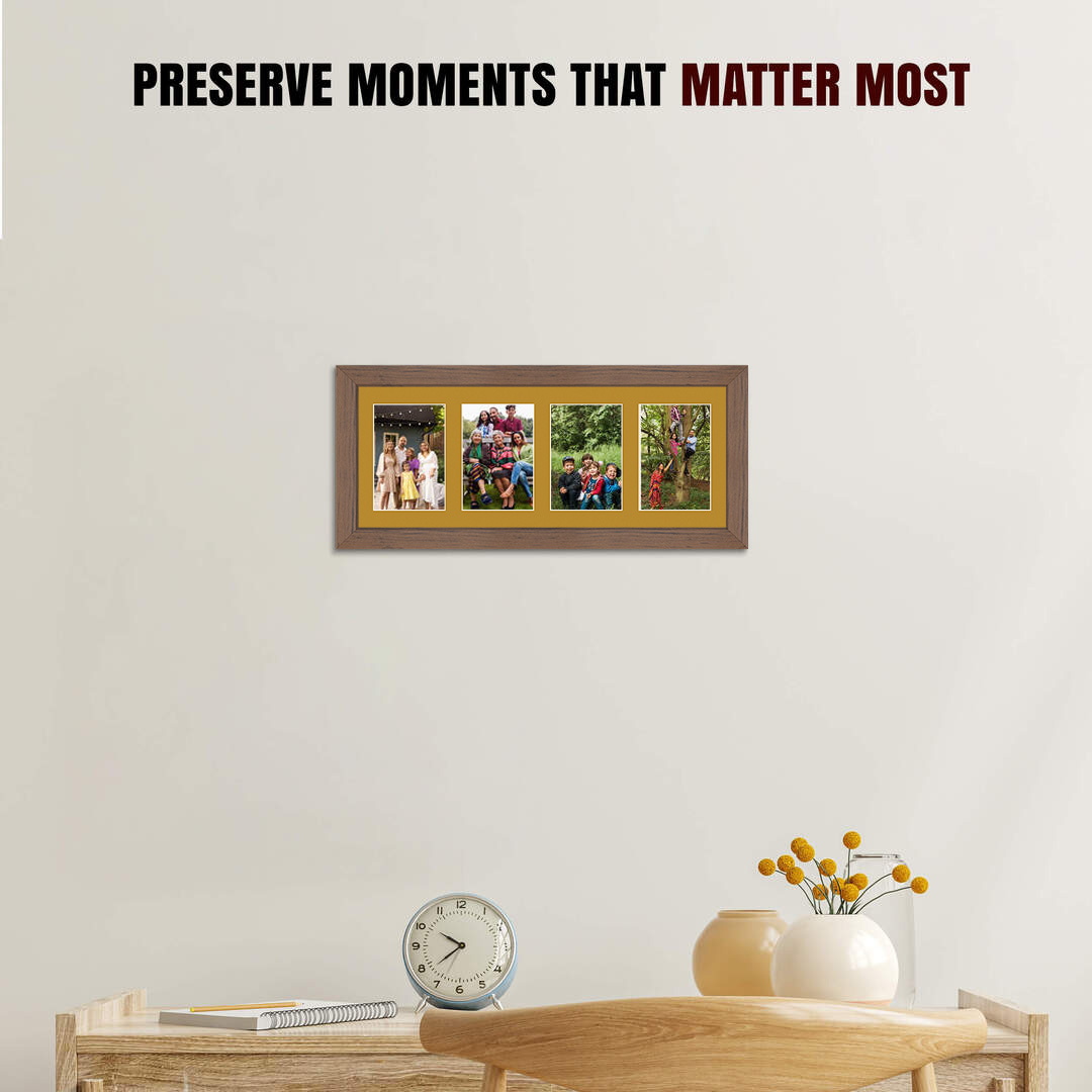 50x20cm Walnut Modern Multi Aperture Photo Frame Holds 6x4" (x4) Photos With Antique Gold Mount | Modern Collage Frame thumbnail 2