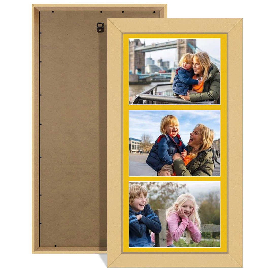 16x8" Mustard Yellow Modern Multi Aperture Photo Frame Holds 7x5" (x3) Photos With Bright Yellow Mount | Modern Collage Frame