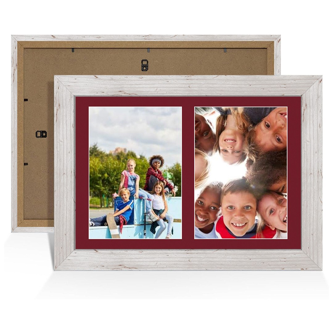 20x14" White Rustic Modern Multi Aperture Photo Frame Holds A4 (x2) Photos With Burgundy Mount | Modern Collage Frame