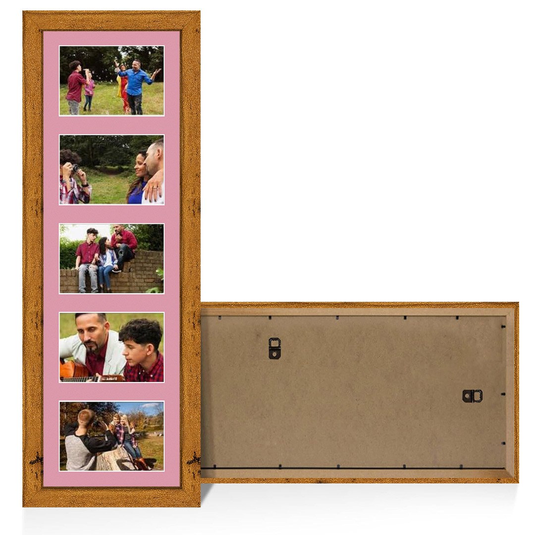 26x8" Rustic Oak Modern Multi Aperture Photo Frame Holds 6x4" (x5) Photos With Dusty Rose Mount | Modern Collage Frame