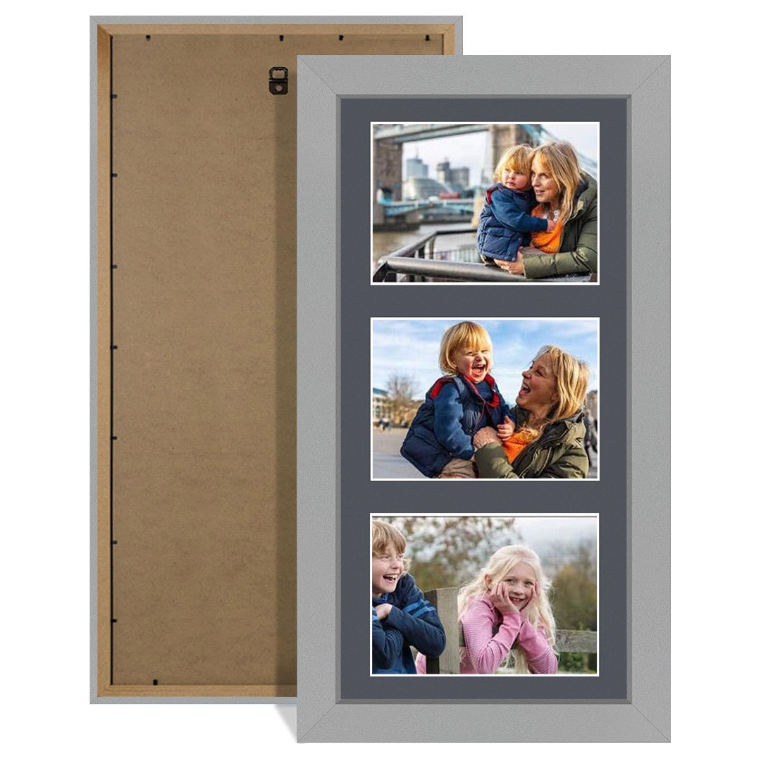 40x20cm Light Grey Modern Multi Aperture Photo Frame Holds 6x4" (x3) Photos With Charcoal Grey Mount | Modern Collage Frame