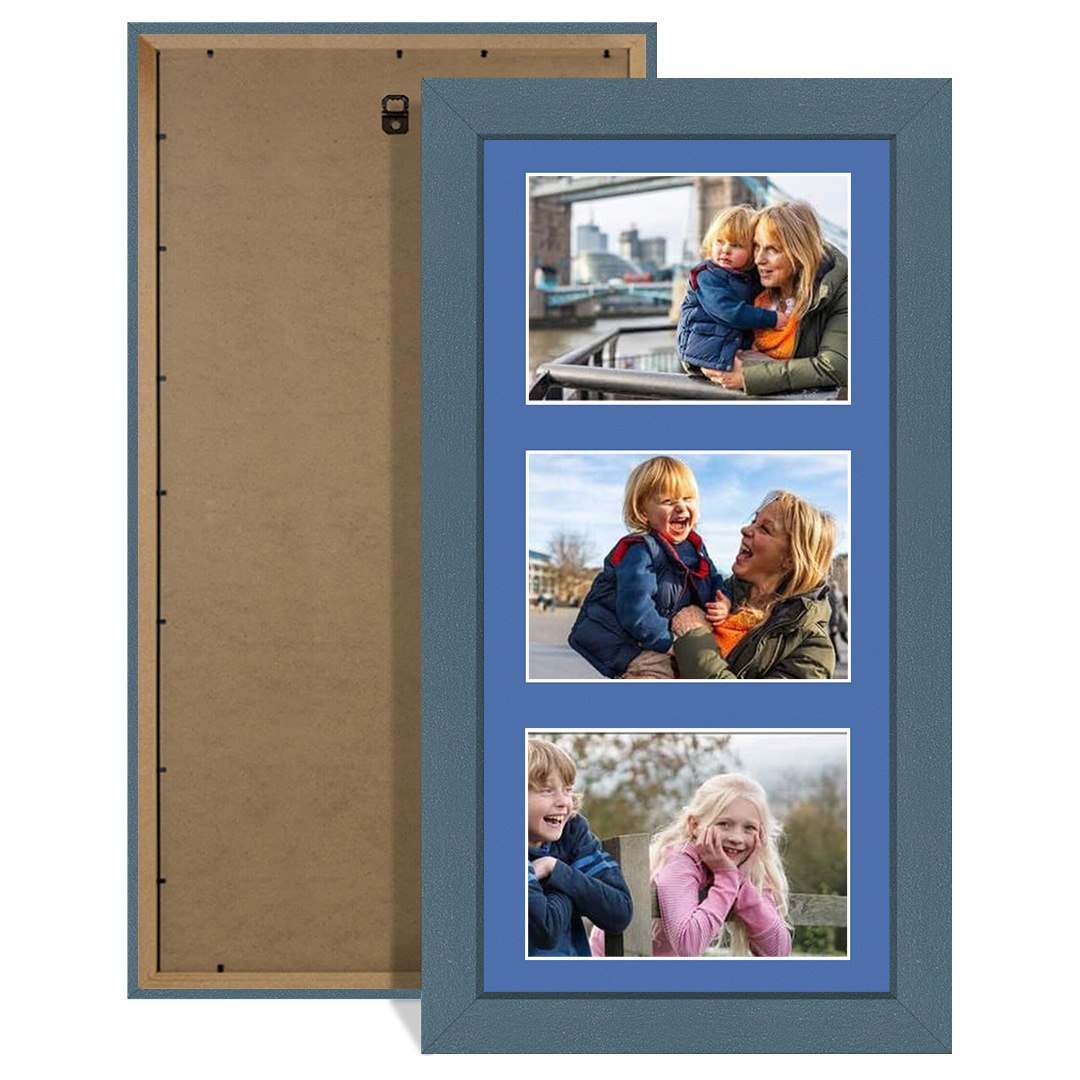 40x20cm Navy Blue Modern Multi Aperture Photo Frame Holds 6x4" (x3) Photos With Pacific Blue Mount | Modern Collage Frame